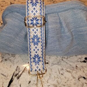 Blue and Tan Patterned Strap with denim clutch bag